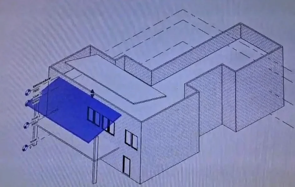 Visualização tridimensional de uma cobertura com módulos fotovoltaicos.